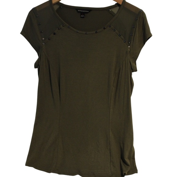 Rock & Republic Olive Green Top Studded Sheer Shoulder Casual Blouse - Picture 2 of 4